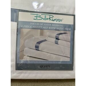 Queen Bed Set White Blue Satin Trim Bella Russo NEW Easy Care Brushed Microfiber
